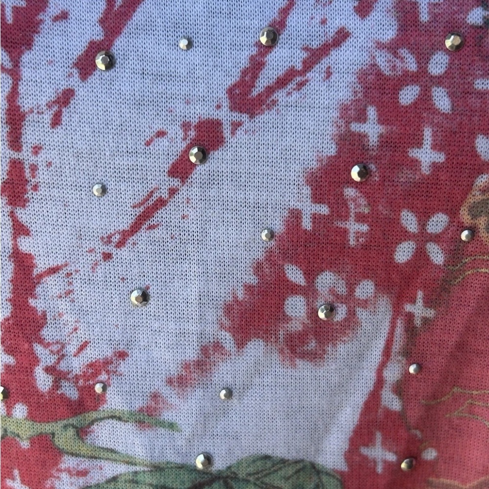 Gloria Vanderbilt T Shirt Medium Pink Floral Rhinestones Raw Edges Hi Lo NWOT - Picture 3 of 11